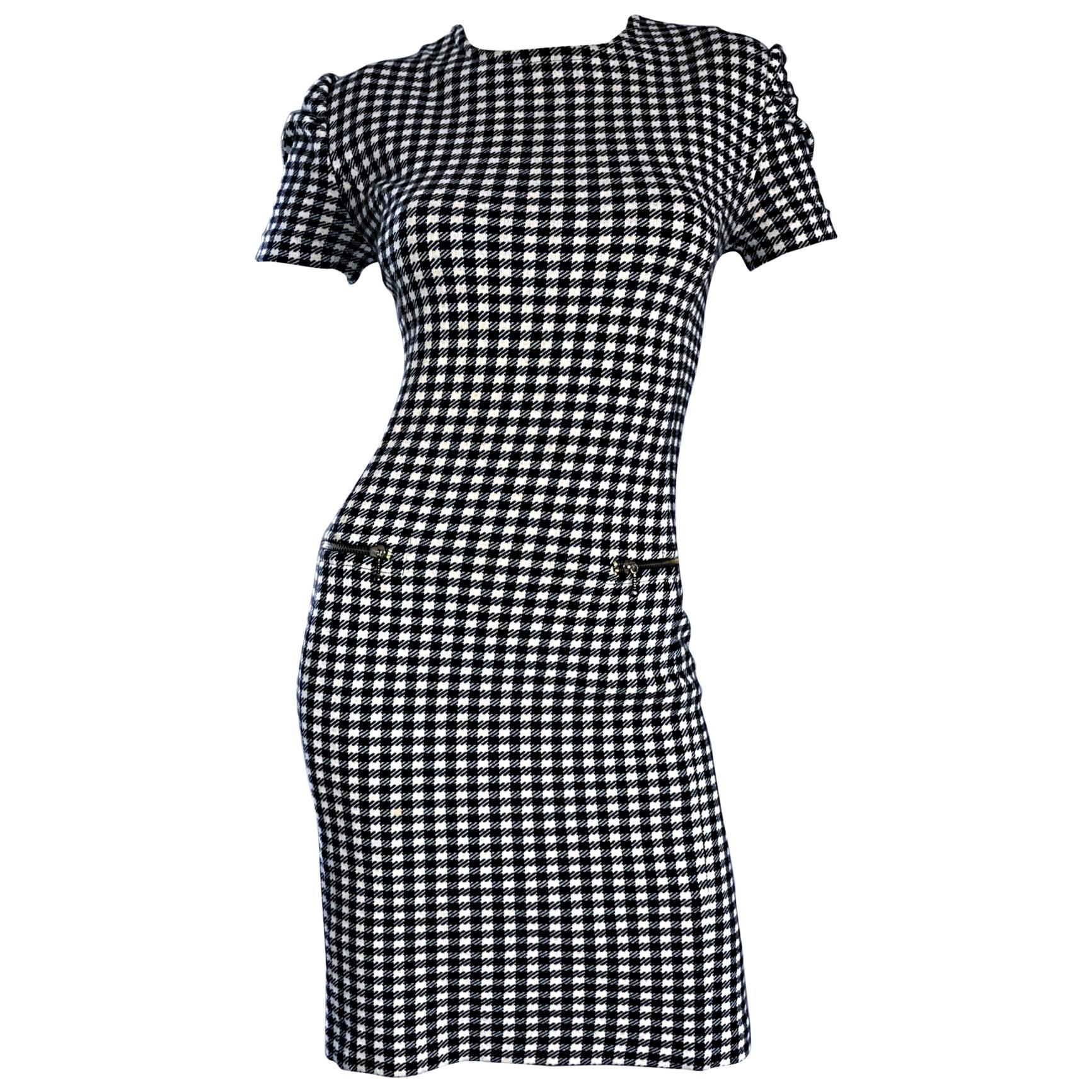 1990s Black and White Gingham Bodycon 90s Checkered Sexy Vintage Cotton Dress  For Sale