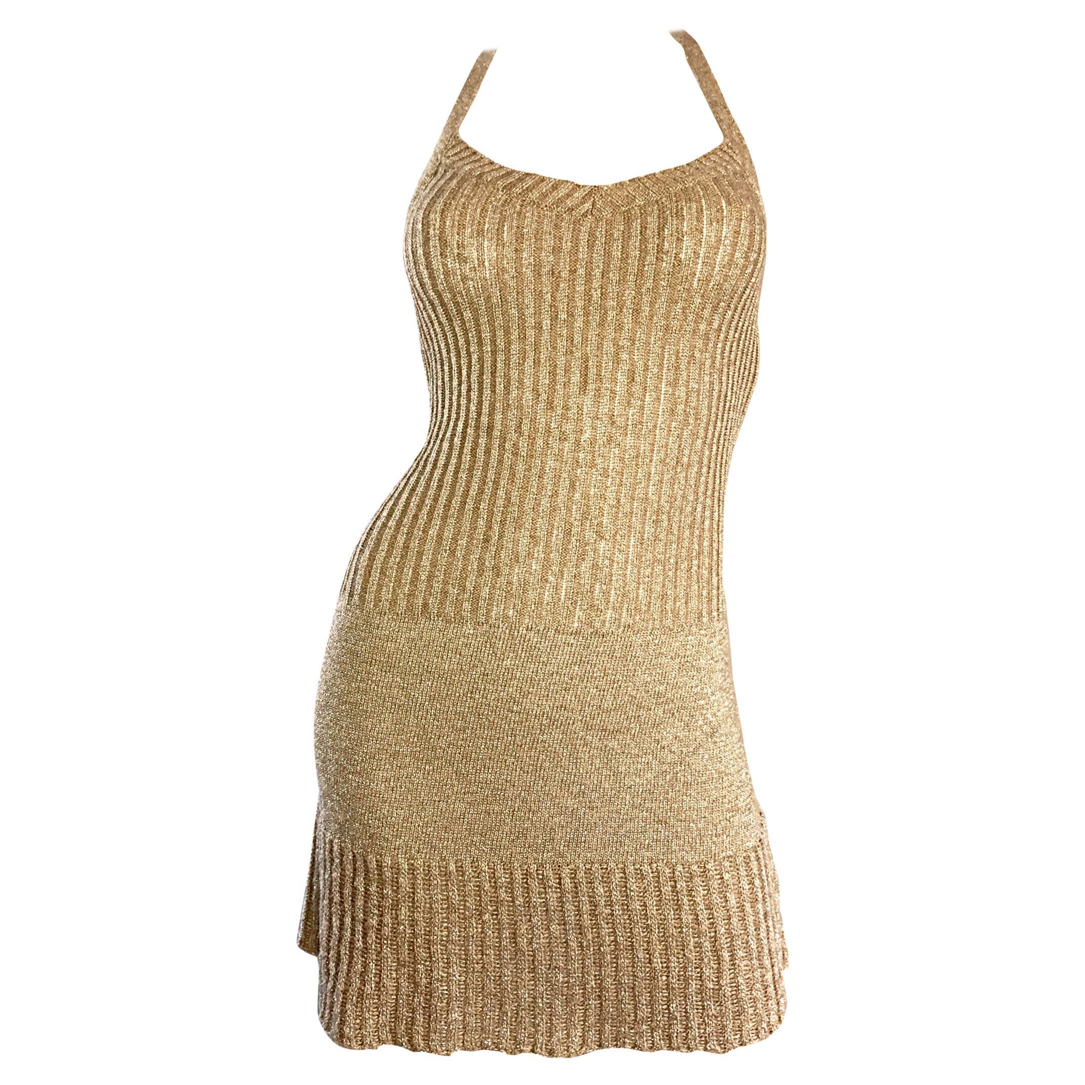 Vintage Moschino Cheap and Chic 1990s Gold Metallic Halter Neck Sweater Dress 