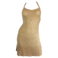 Retro Moschino Cheap and Chic 1990s Gold Metallic Halter Neck Sweater Dress 