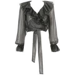 Yves Saint Laurent metallic silver lame chiffon wrap blouse, circa 1970s 7