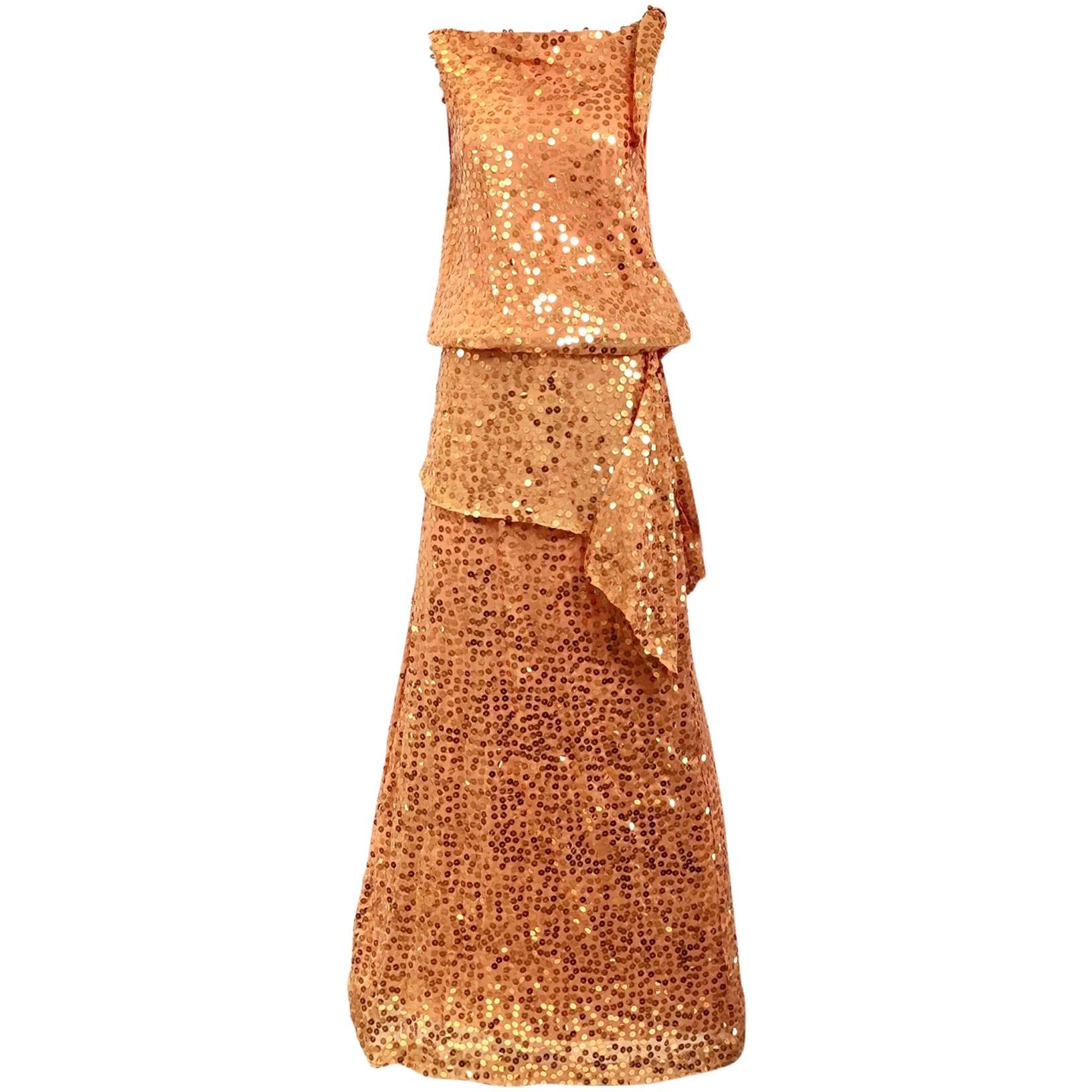 1990s Marcel Marongiu Orange Gold Metallic Sequin silk Gown