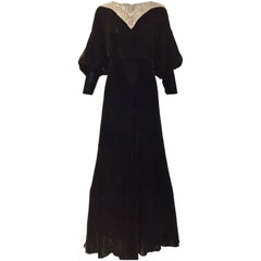 Retro Black Velvet evening gown with beaded collar, 1930s 