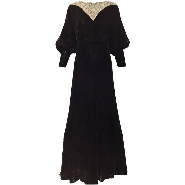 Black Velvet evening gown with beaded collar, 1930s  For Sale