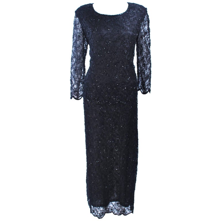FRANK USHER Black Lace Beaded Gown Sheer Sleeves Size 12 For Sale at ...