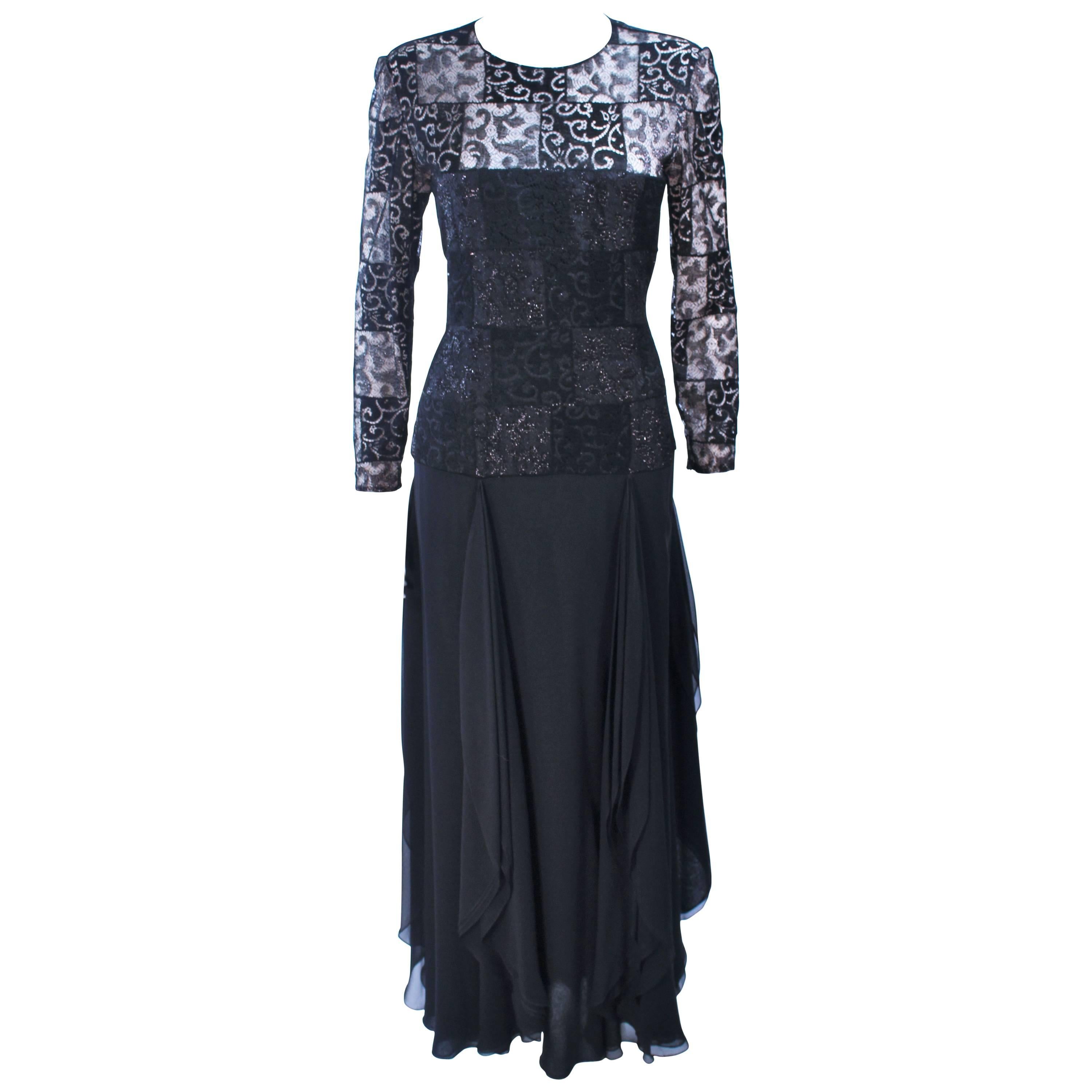 CAROLINA HERRERA Black Metallic Lace Gown Draped Chiffon Size 8 10 For Sale