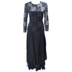 CAROLINA HERRERA Black Metallic Lace Gown Draped Chiffon Size 8 10 12