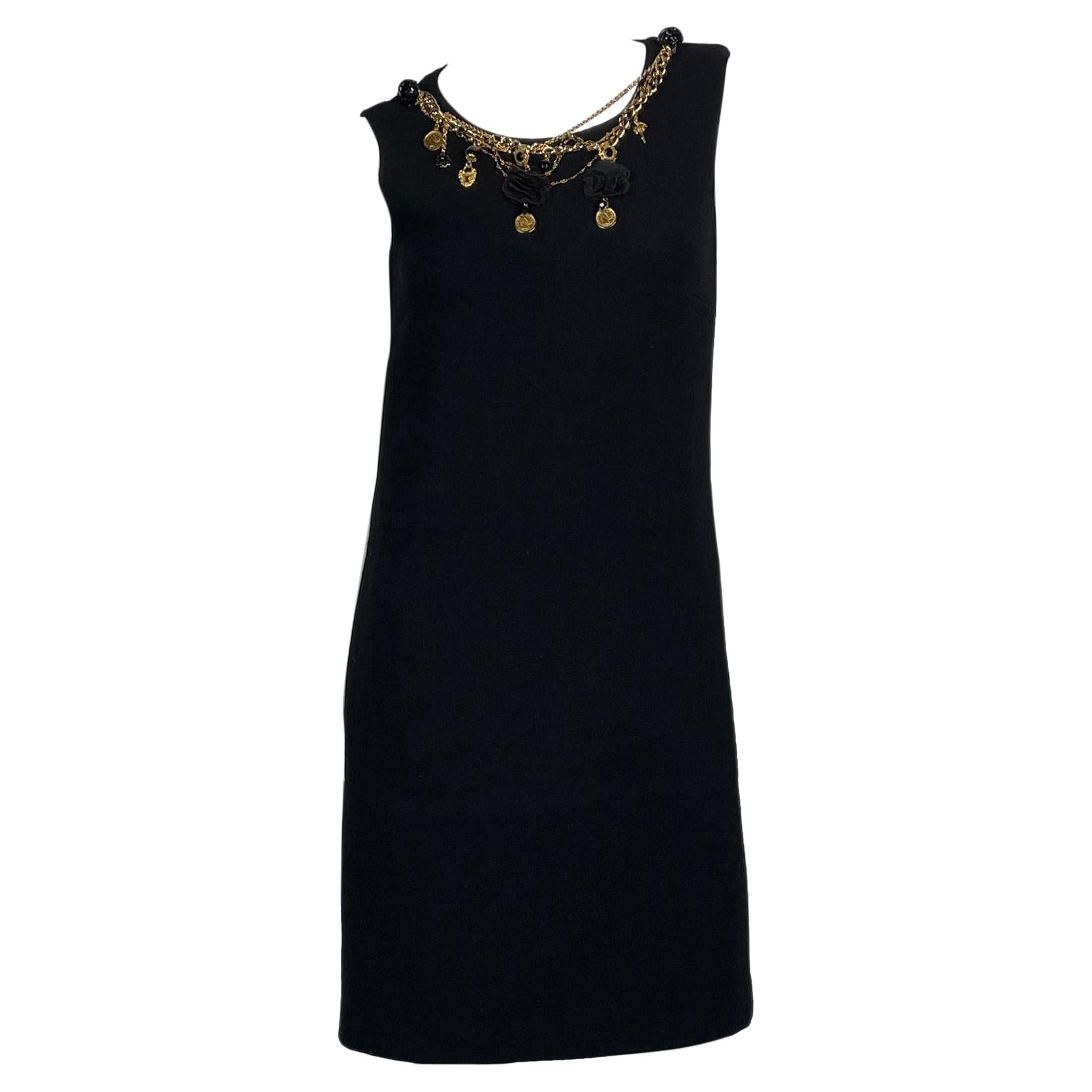 Dolce&Gabbana black wool mini dress with medallions necklace, 2010s For Sale