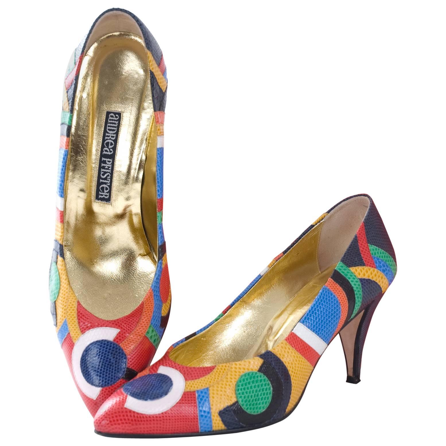 Vintage Andrea Pfister Shoes in Colorful Karung Snakeskin Pattern US 9 For Sale