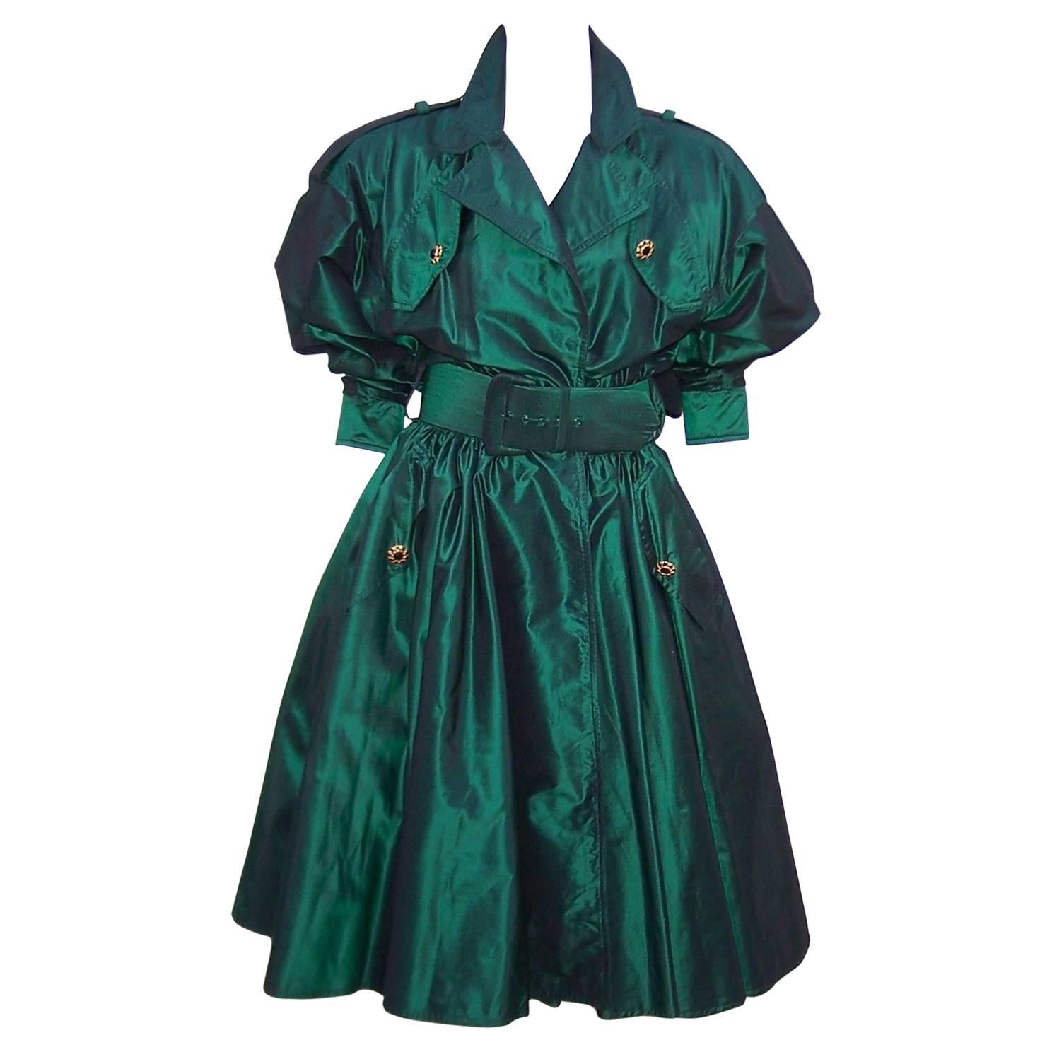 Dramatic 1980's Michael Casey Green Taffeta Trench Coat Dress