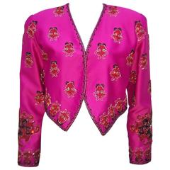 Festive Hot Pink 1980's Beaded Cropped Satin Jacket