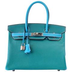 HERMES BIRKIN 30 Bag Blue Aztec and Paon Horseshoe Chevre Palladium Hardware 3