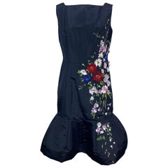 Oscar de la Renta Runway 2015 Spring Navy Silk Floral Applique Dress-Size 10