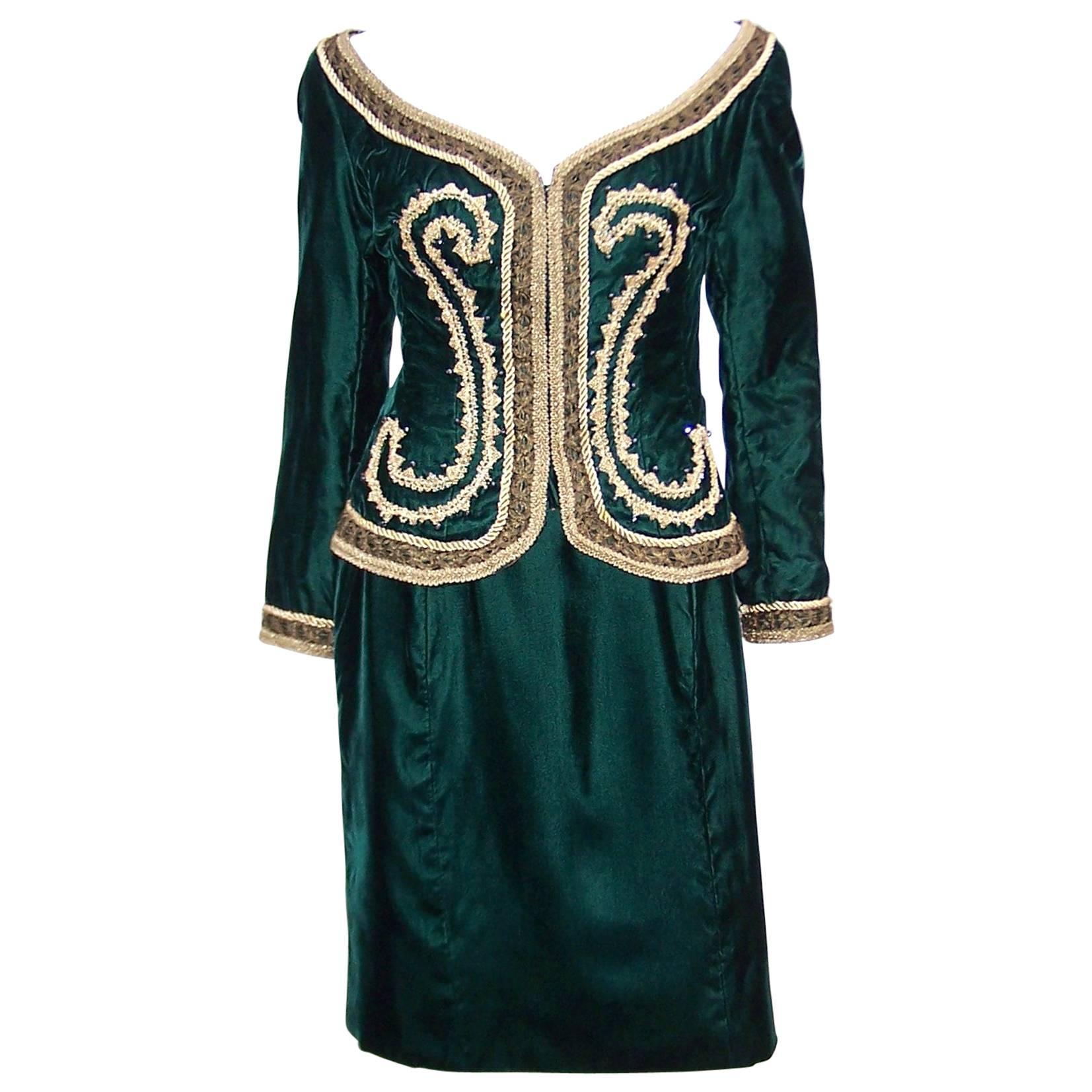Luxe Renaissance 1980's Green Velvet Skirt Suit With Gold Beaded Braiding