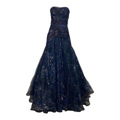 Murray Arbeid Early 1990’s Black Tulle with Blue and Silver metallic Gown-Size 6