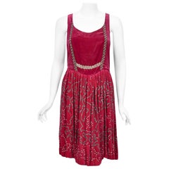 1920's Magenta Pink Beaded & Rhinestone Silk Velvet Deco Cut-Out Flapper Dress