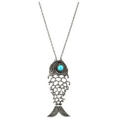 ERWIN PEARL c.1970's Large Silver Turquoise Fish Signed Pendant Chain Necklace 11