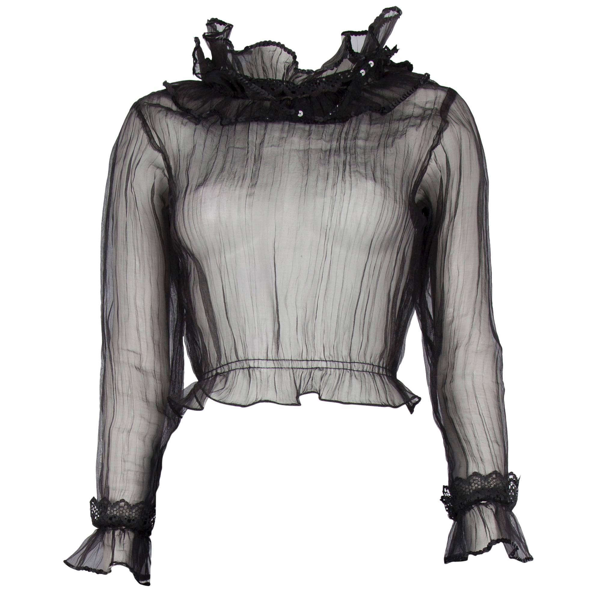 1960's Black Sheer Top with Statement Ruffle Collar For Sale