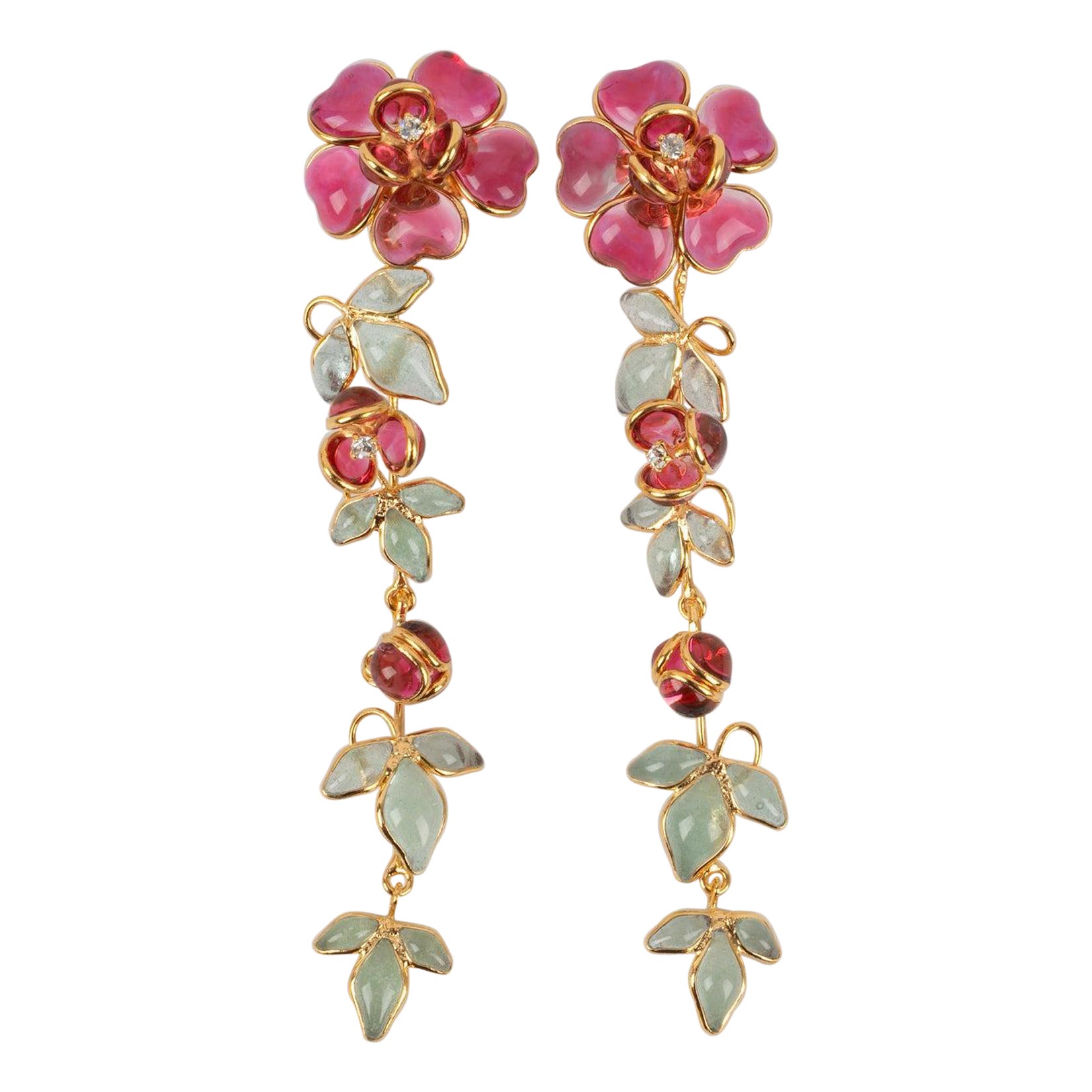 Augustine Golden Metal Earrings with Glass Paste in Pink Tones For Sale