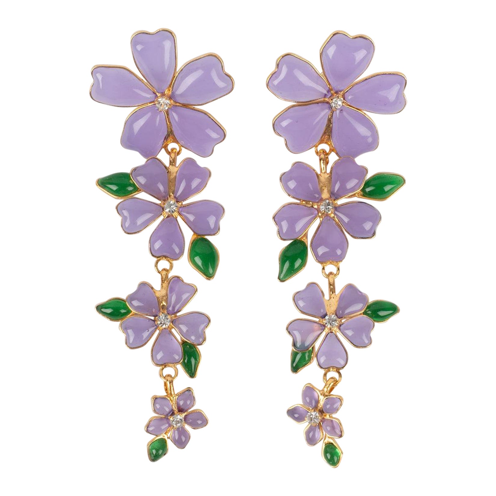 Augustine Golden Metal Earrings with Purple Glass Paste For Sale