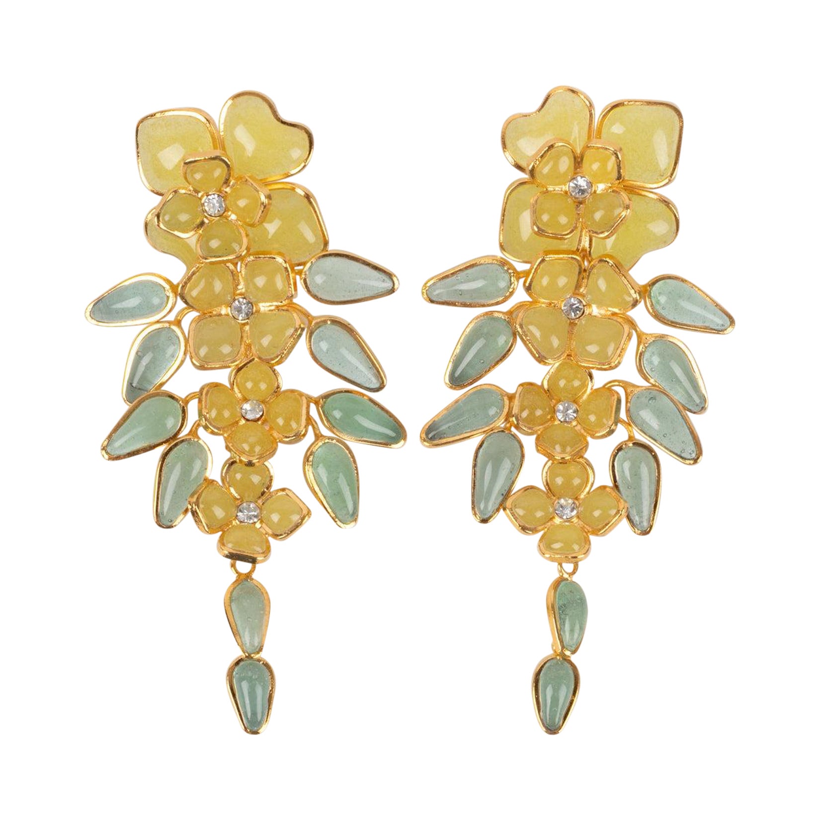 Augustine Golden Metal Earrings with Yellow Glass Paste For Sale