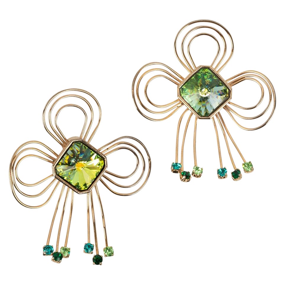 Yves Saint Laurent Earrings in Champagne Metal and Green Rhinestones
