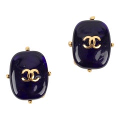 Chanel Golden Metal Clip-on Earrings with Blue Glass Paste Cabochons Fall, 1997