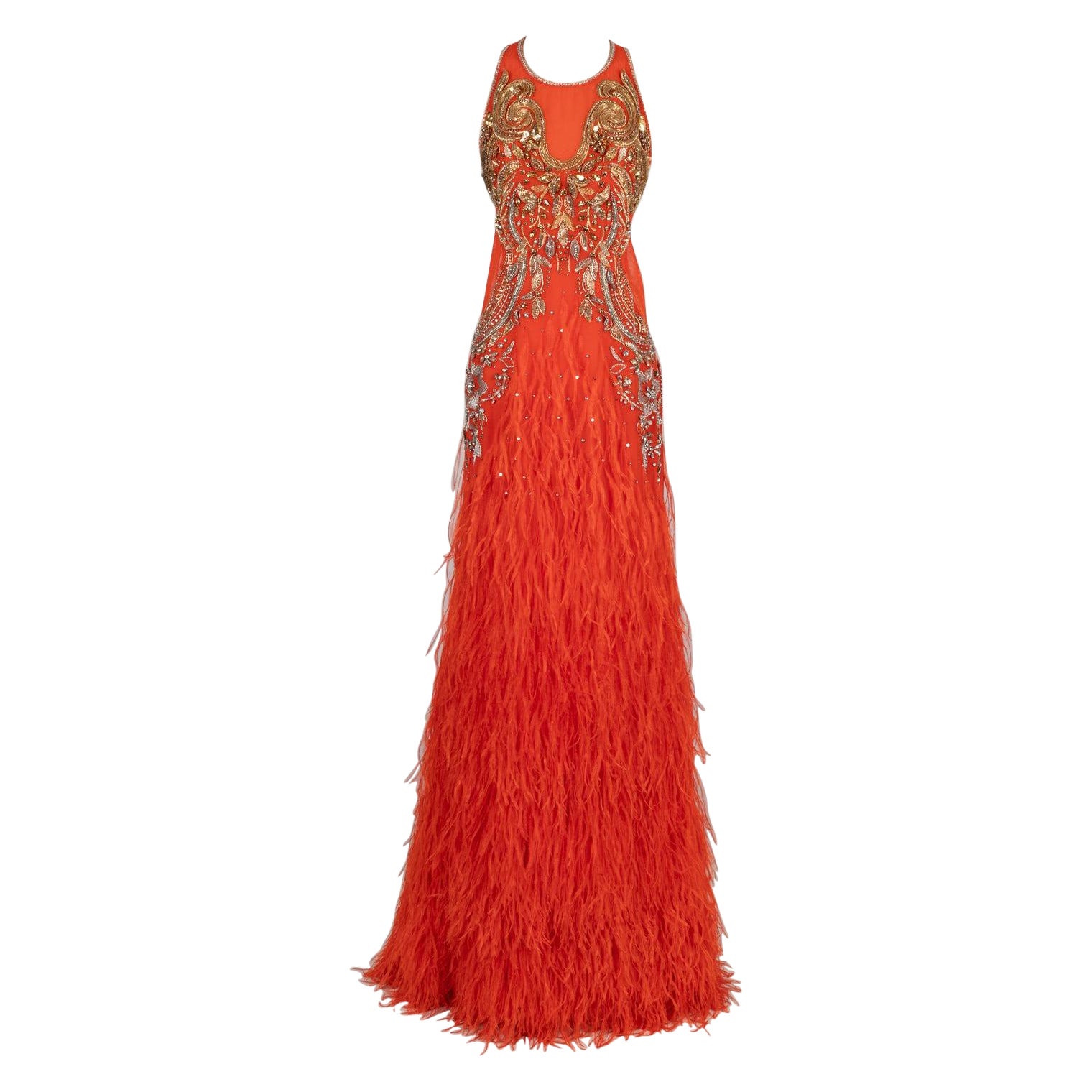 Cavalli Feather Long Orange Tulle Dress For Sale