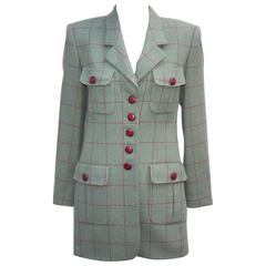 1980's Rena Lange Window Pane Print Green & Oxblood Jacket 3
