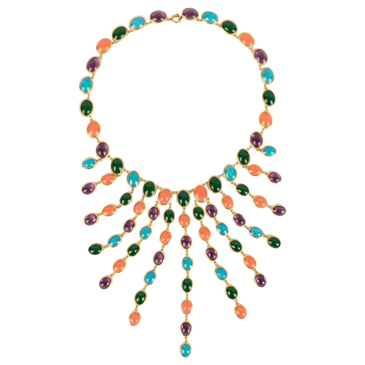 Old Gripoix Necklace in Gold Plated Metal and Multicolor Glass Paste For Sale