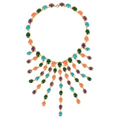 Old Gripoix Necklace in Gold Plated Metal and Multicolor Glass Paste