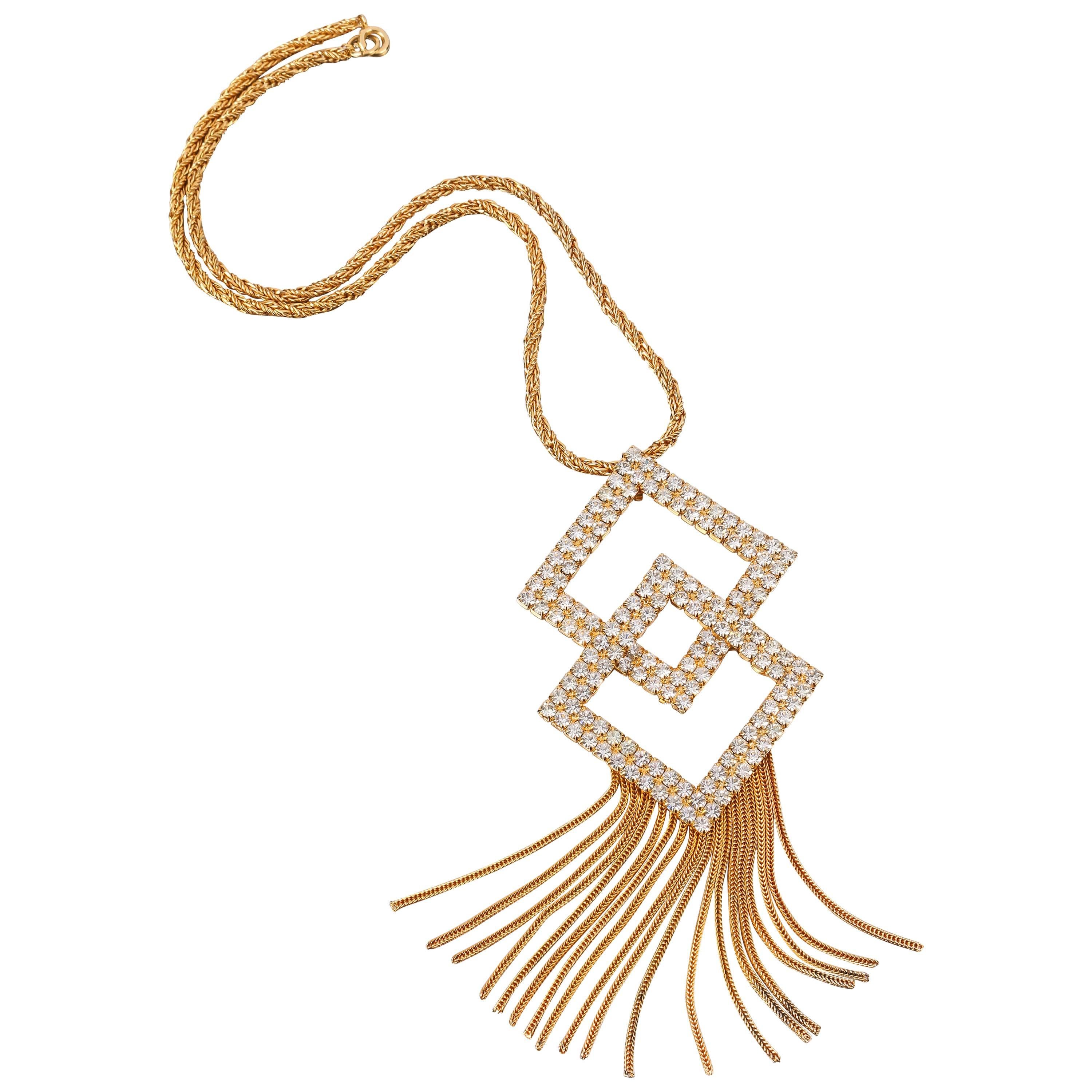 HOBE c.1960's Gold Diamant Kristall Quasten Anhänger Seil Kette Halskette Signiert im Angebot