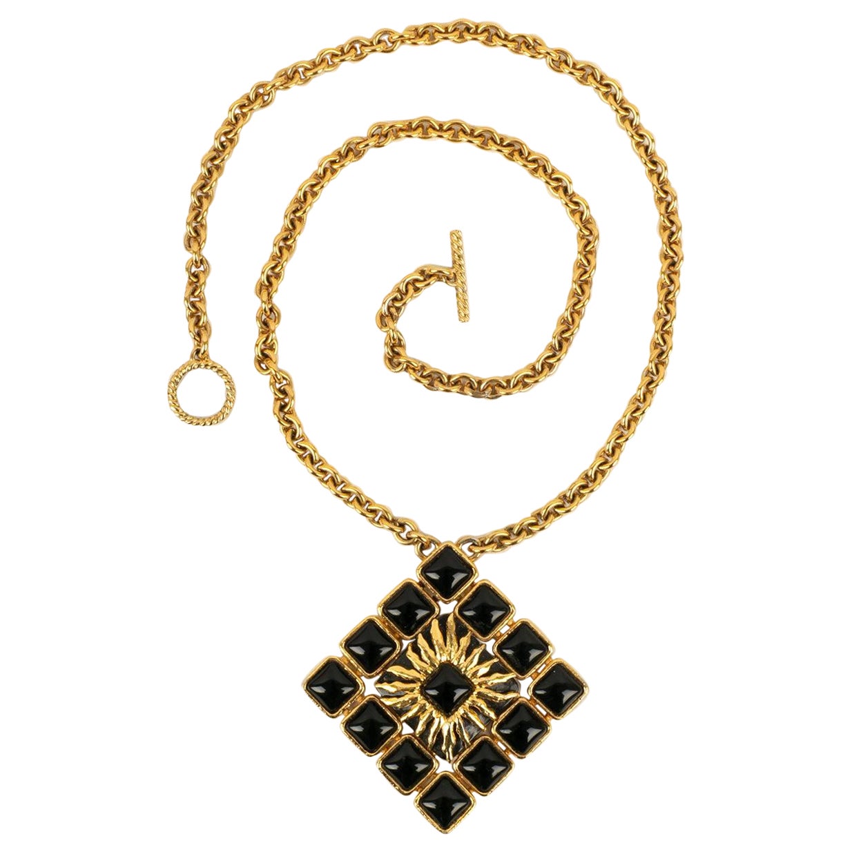 Jean Patou Necklace in Gold-Plated Metal and Black Glass Paste For Sale