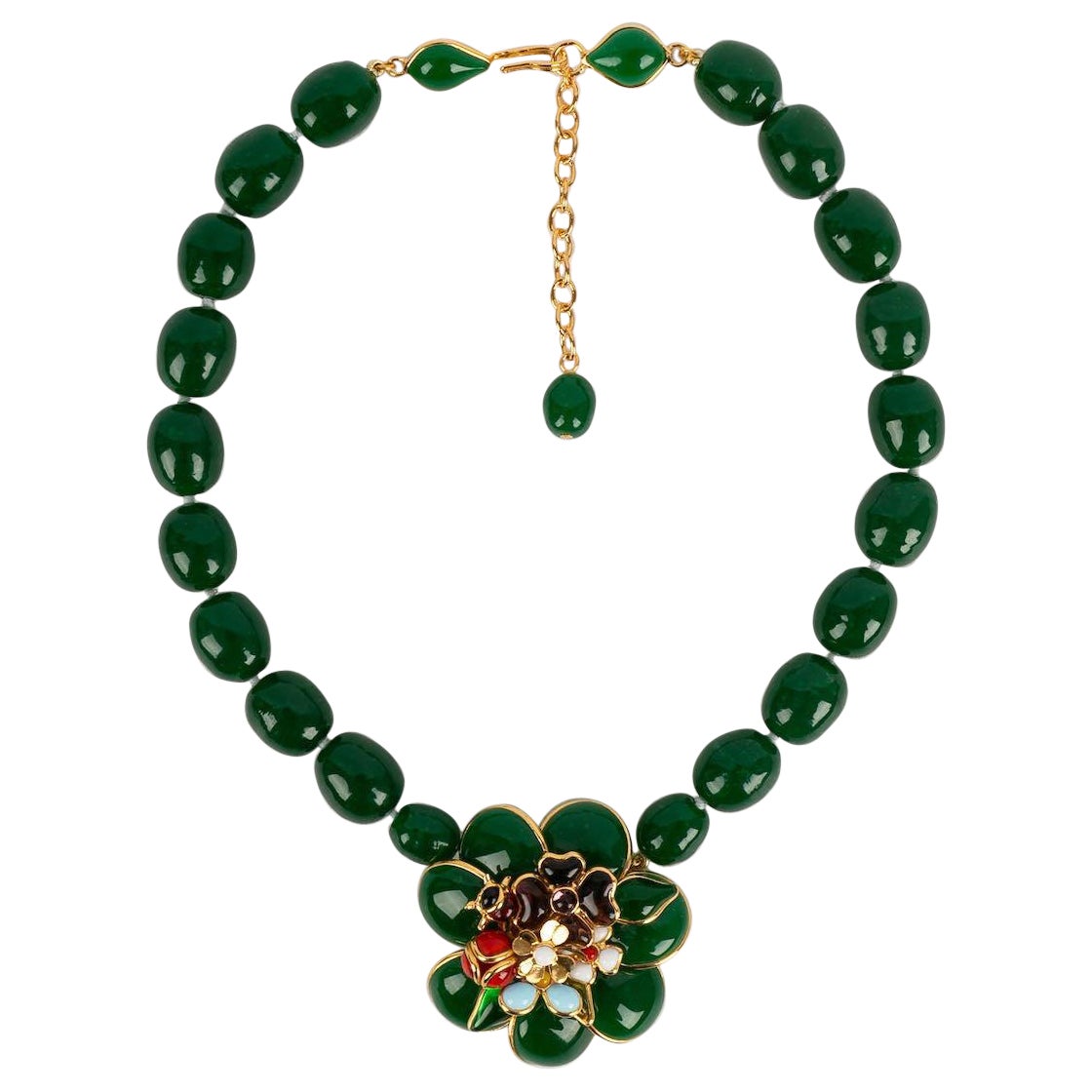 Augustine Necklace in Gold Metal and Green Glass Paste For Sale