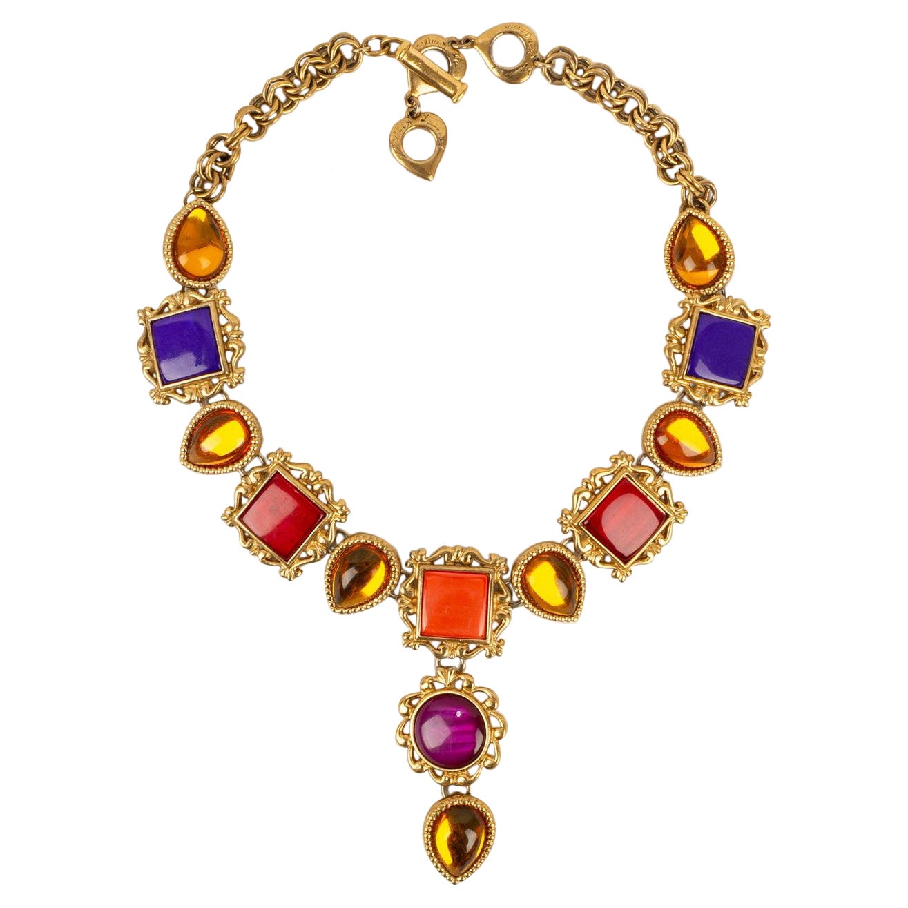 Yves Saint Laurent Necklace in Gold-Plated Metal and Multicolored Resin For Sale