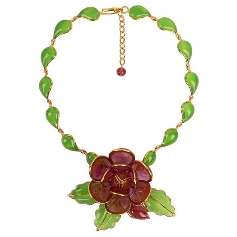 Augustine Flower Necklace in Gold Metal and Glass Paste For Sale