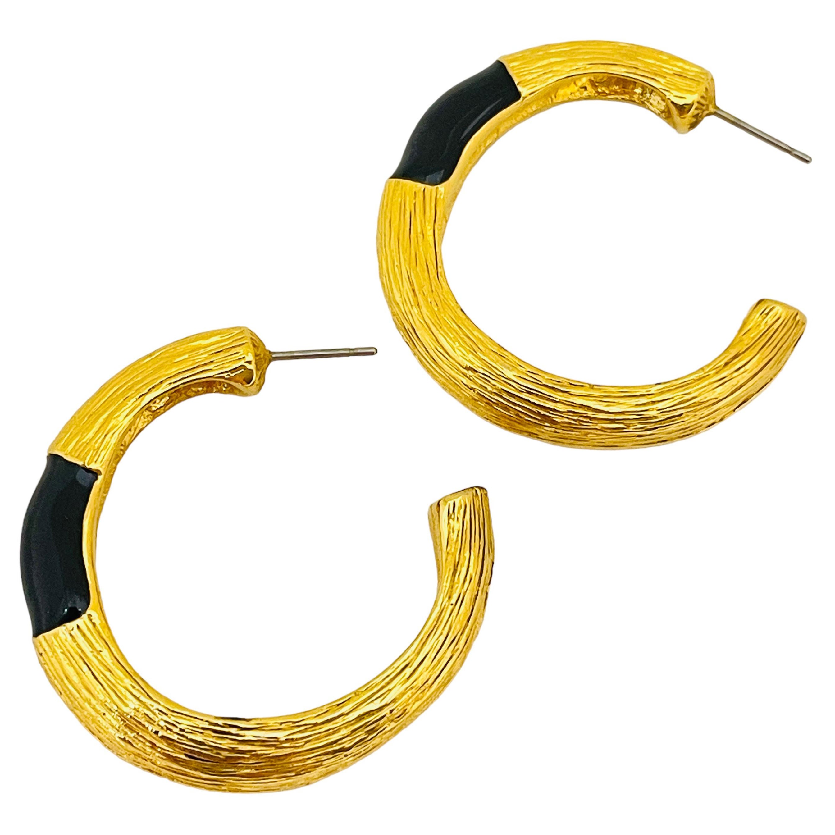 Vintage gold enamel hoop designer runway earrings  For Sale