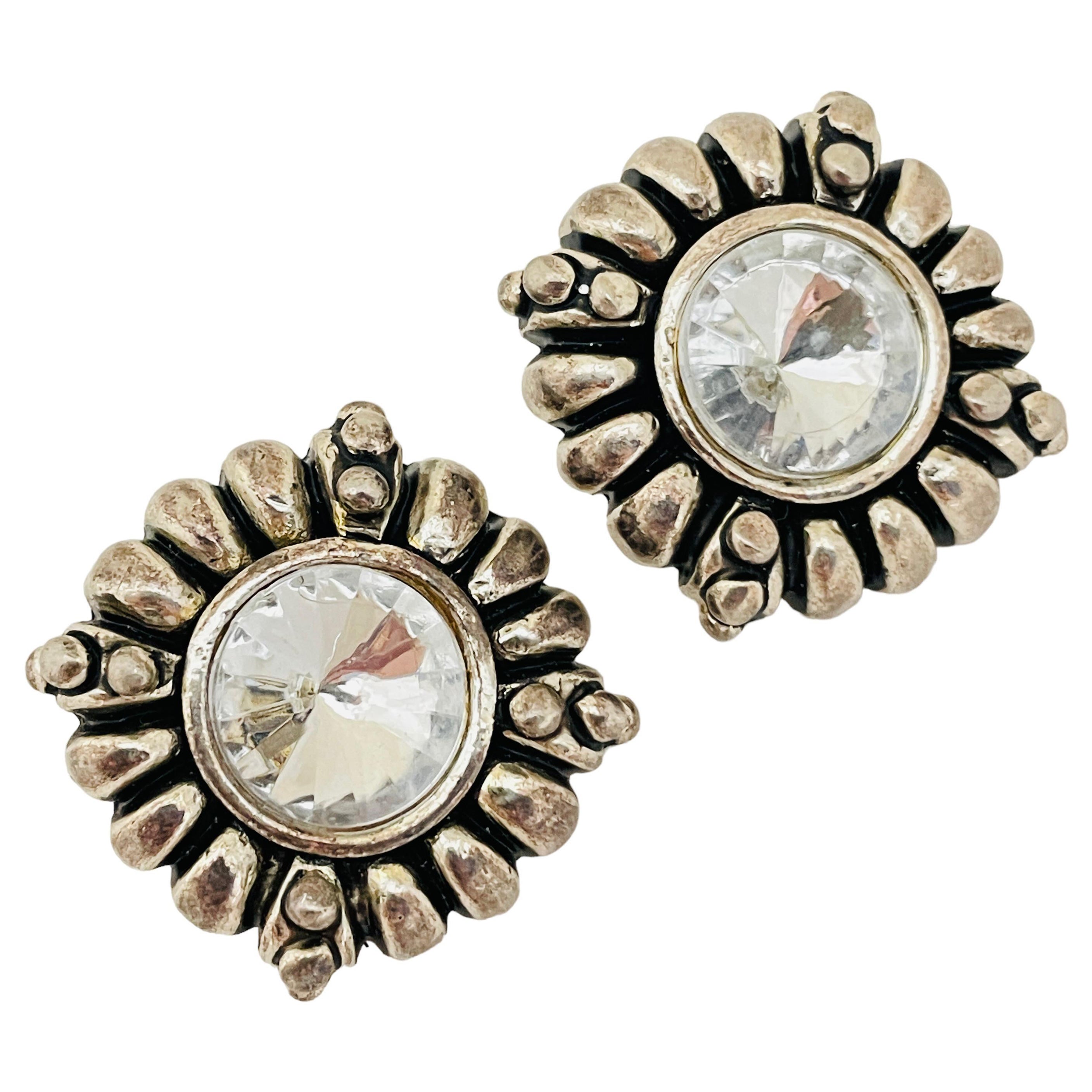 Vintage silver tone glass designer runway clip on earrings  