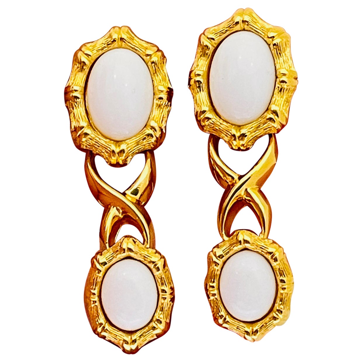 Vintage MONET gold white lucite designer runway earrings  For Sale