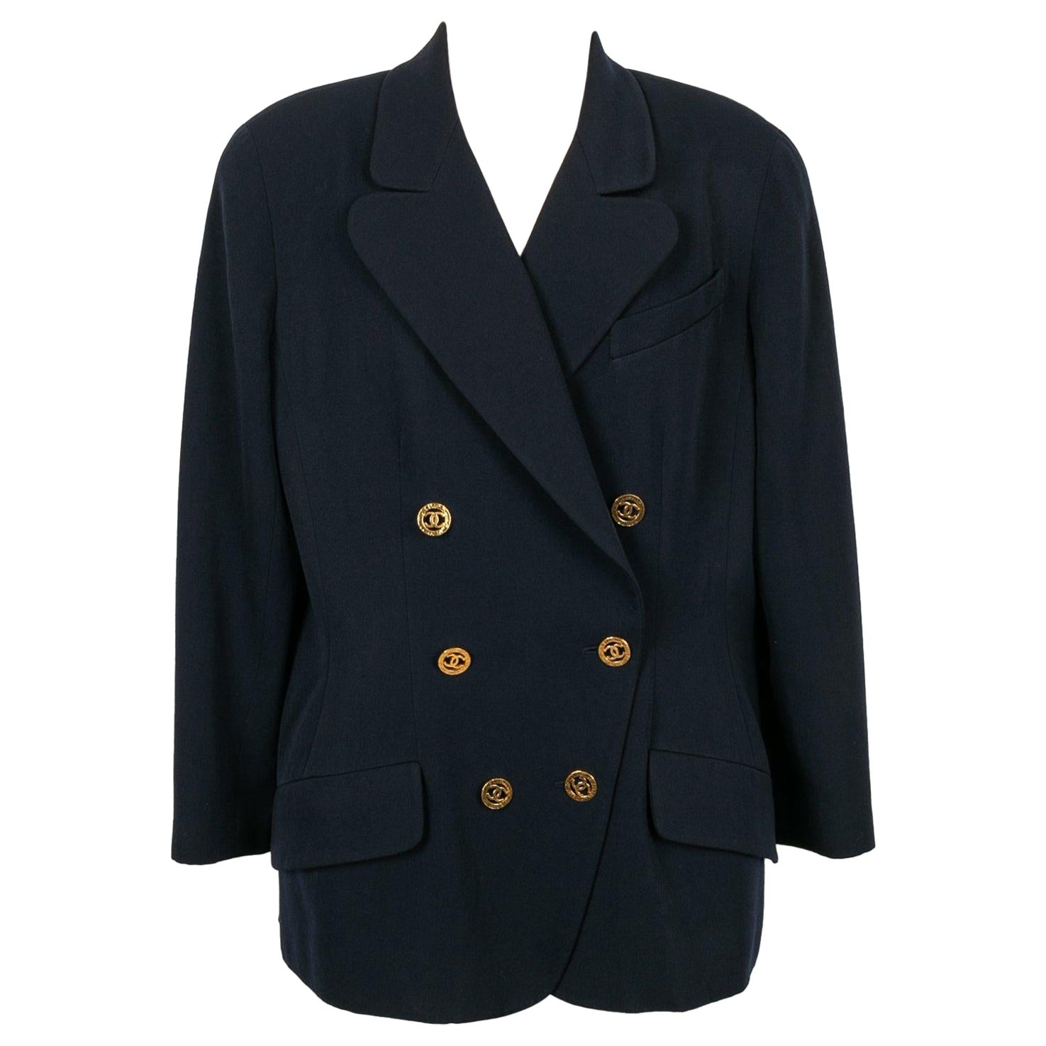 Chanel Navy Blue Wool Jacket with a Silk Lining, 1990s For Sale