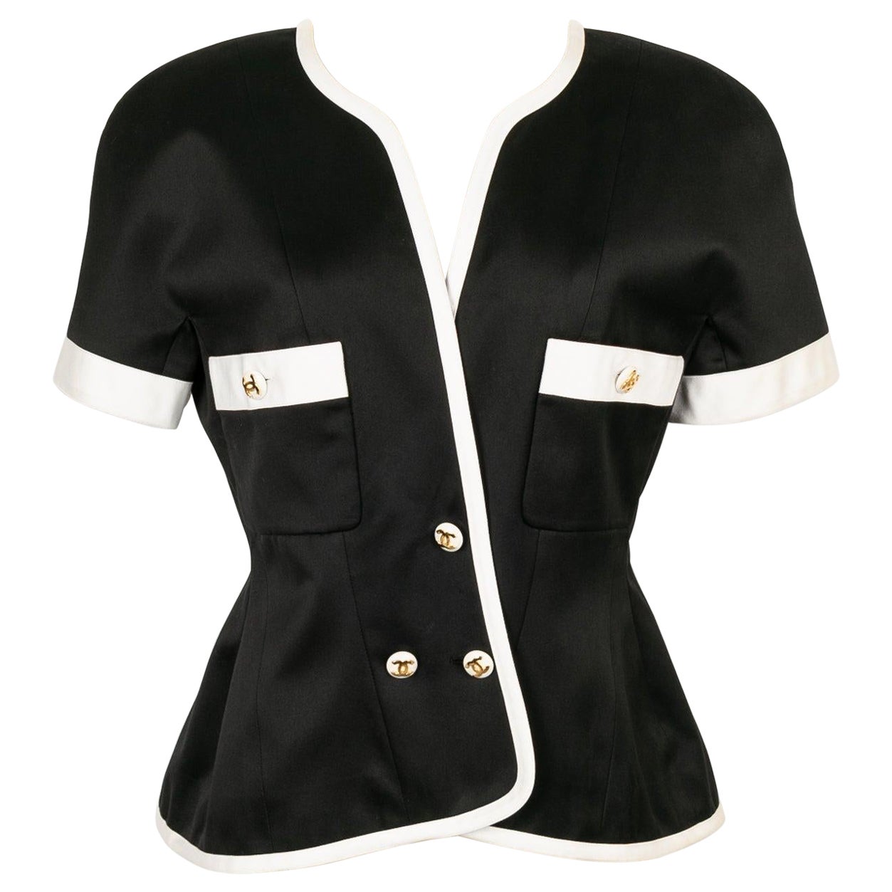 Chanel Short-Sleeved Jacket in Black Satin Edged with White Satin, 1990s For Sale