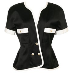 Vintage Chanel Short-Sleeved Jacket in Black Satin Edged with White Satin, 1990s
