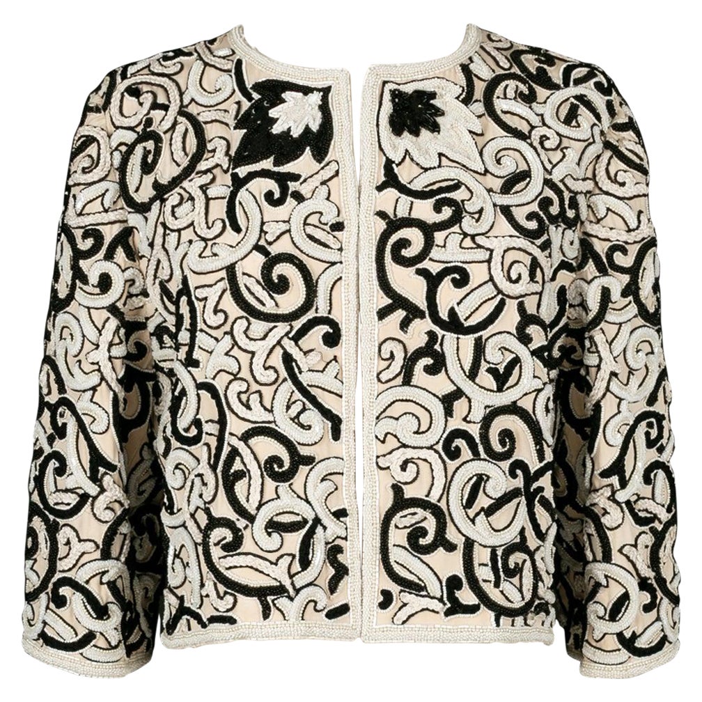 Louis Feraud Haute Couture Embroidered Jacket in Ecru Silk  For Sale