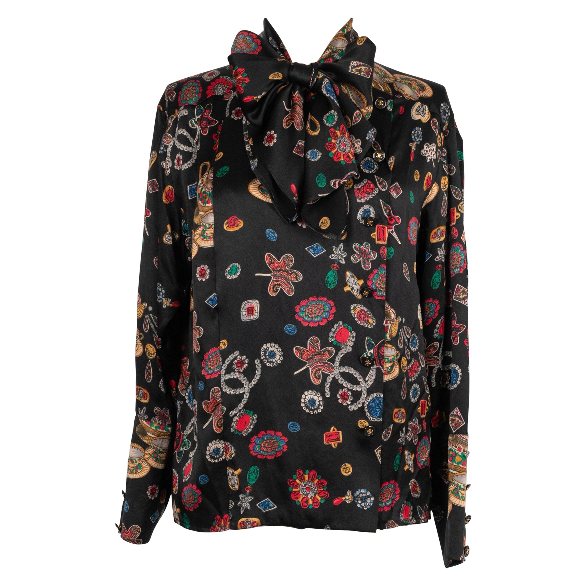 Chanel Black Silk Shirt / Top With Printed with Jewels, 1990s For Sale