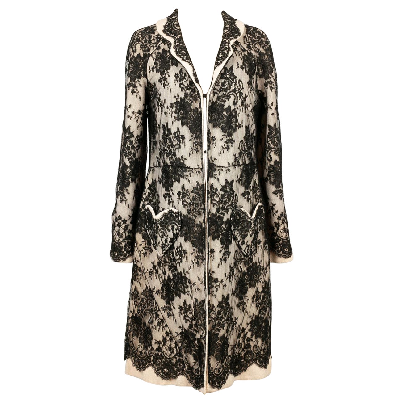 Christian Dior Coat in Ecru Knit and Black Lace, 2005's For Sale