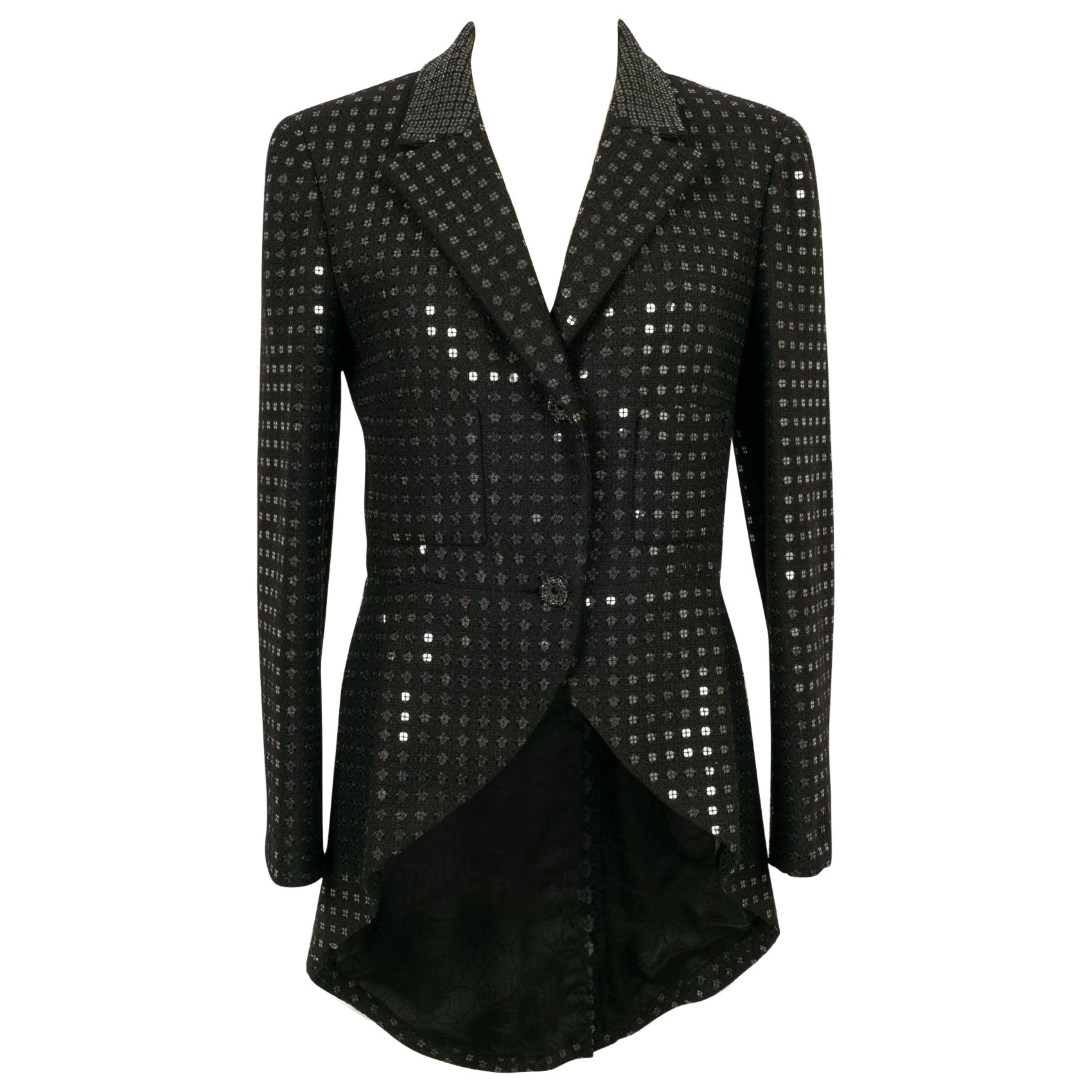 Veste Chanel en laine noire cousue avec des sequins transparents, 2002 en vente