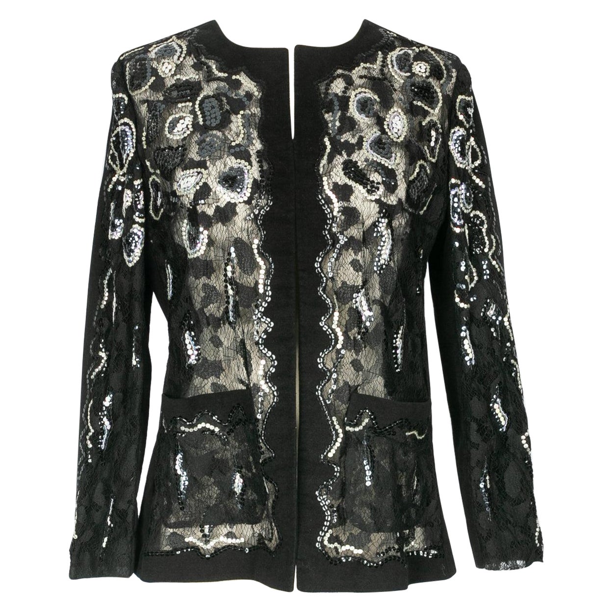 Chanel Black Lace Jacket Embroidered with Blue and Silver Sequins, 2001  For Sale