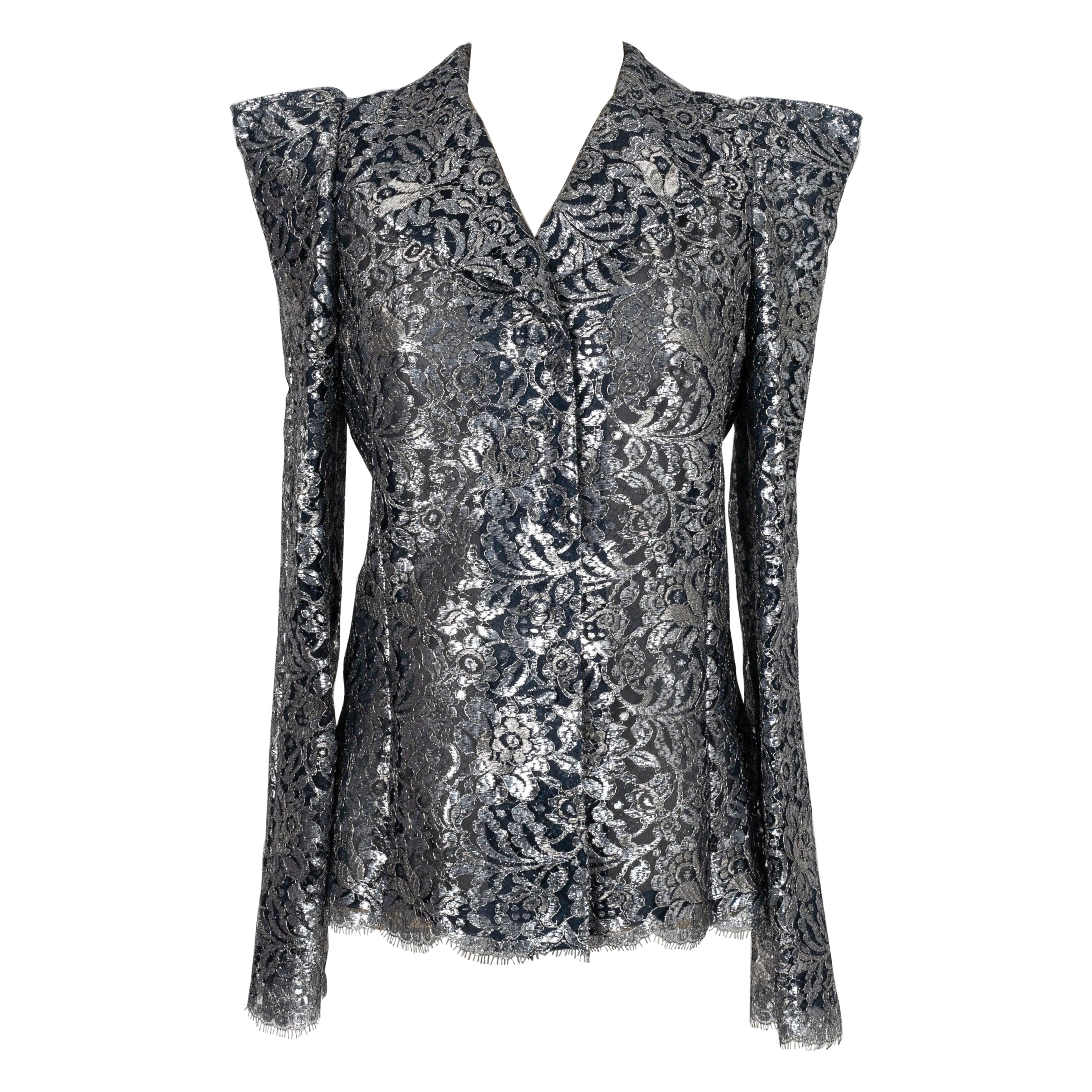 Christian Lacroix Silver and Blue Lace Jacket For Sale