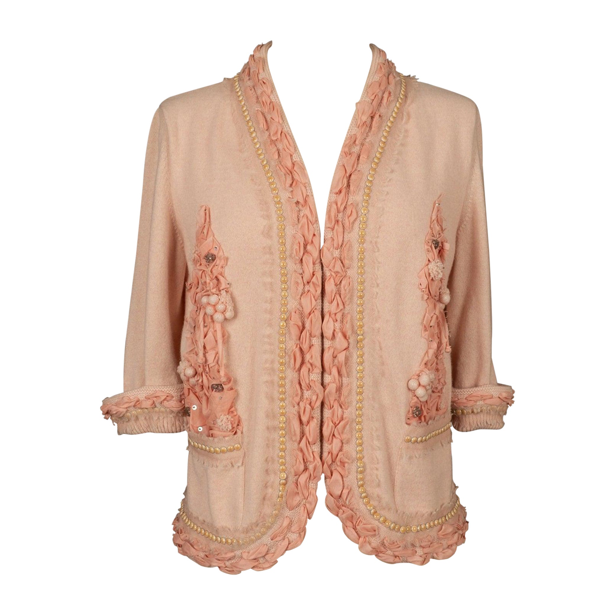 Chanel Cardigan in Pink Cashmere Enhanced with Ribbons, Pearls For Sale