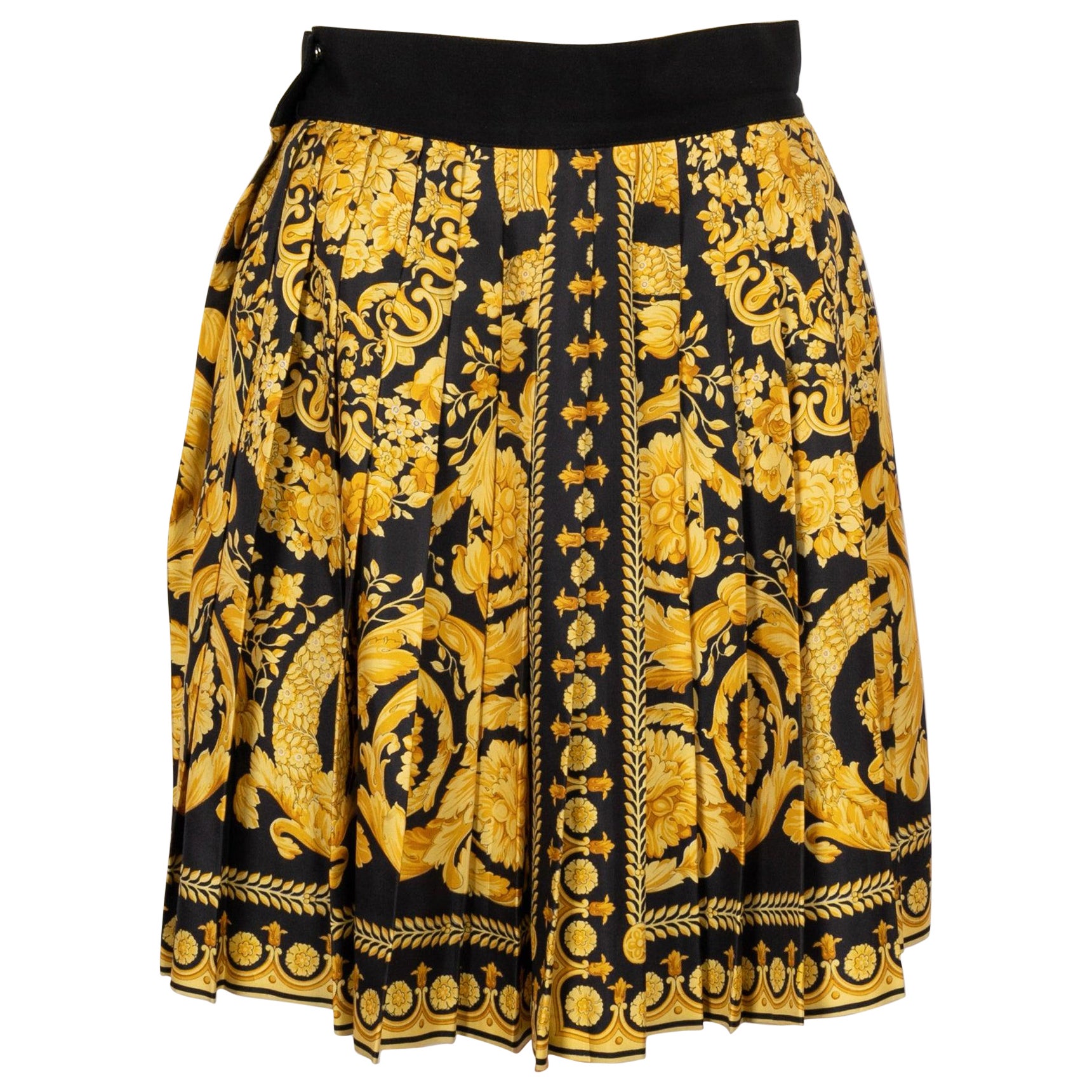 Versace Silk Pleated Skirt with Golden Patterns, 1991 For Sale