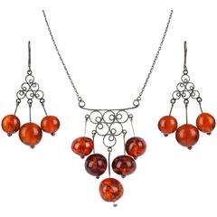 c.1970's RUSSIAN AMBER Silver 875 Demi Parure Chandelier Necklace Earrings Set 9